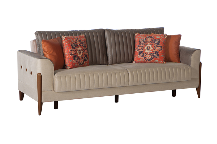 Elegant Piero Sleeper Sofa with exposed wooden legs and brass button accents. Includes storage space and a fold-down sleeper for added convenience.