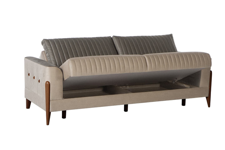 Modern Piero Sleeper Sofa with chic design elements like brass buttons and ribbed pleating. Offers built-in storage and a fold-down sleeper for versatility.