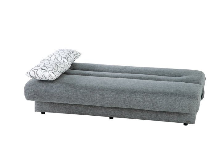 Regata Modern Sleeper Sofa made in Turkey. Armless design with tufted details, chrome legs, built-in storage, and a comfortable sleeper option.