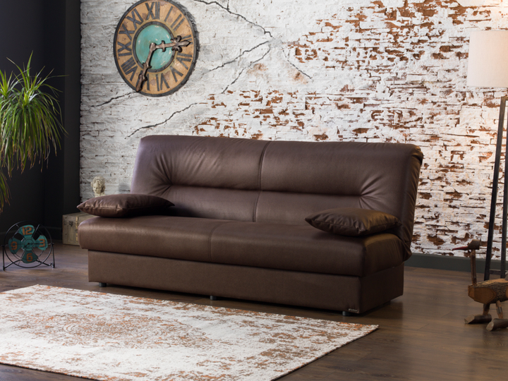 Sleek armless Regata Sleeper Sofa with tufted details and chrome legs. Foldable design with built-in storage and a comfortable sleeper function.