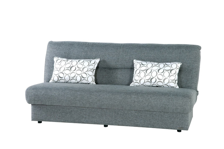 Convertible Regata Sleeper Sofa with a modern armless design. Includes tufted cushions, chrome legs, built-in storage, and a comfortable sleeper feature.