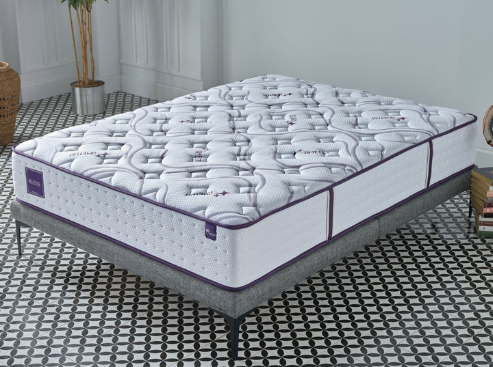 Reliever Mattress featuring amethyst stone technology to reduce static electricity and enhance sleep quality. Provides airflow, temperature regulation, and individualized support.